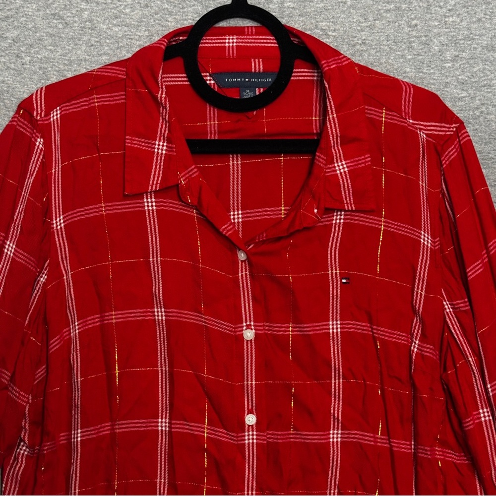 Tommy Hilfiger XL Red Plaid Metallic Roll-Tab Button-Down Shirt Preppy Festive - Picture 10 of 13